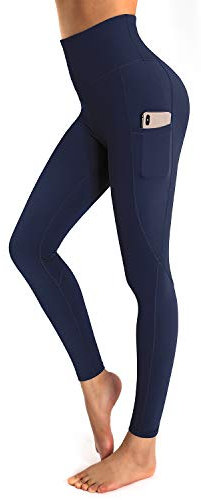 OUGES Womens High Waist Yoga Pants with Pockets Workout Running Gym Leggings(Navy,S)