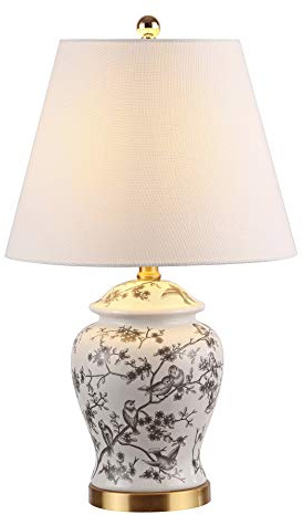 JONATHAN Y 22 Gray/White Ceramic Table Lamp, French Country Chinoiserie Ginger Jar LED Bedside Lamp for Living Room Bedroom, White Linen Shade (JYL3005C)