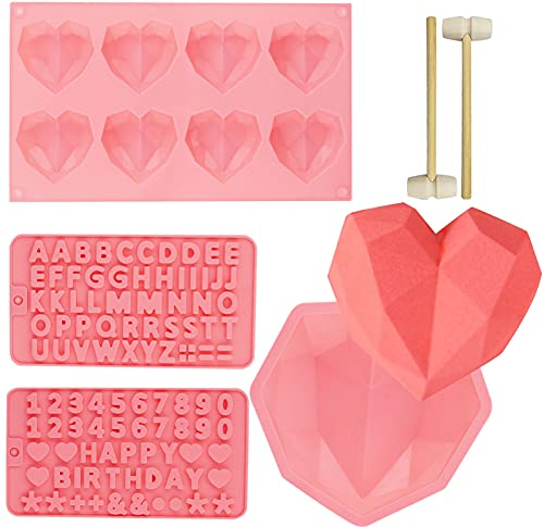 Huahuanghui Moule en Silicone en Forme de Coeur 3D,Chocolat Mousse Desserts Outils de Cuisson,Moule Glace 4 Cellules,Moule à Lettre en Silicone,Moules en silicone pour bonbons et chocolats (Rose)