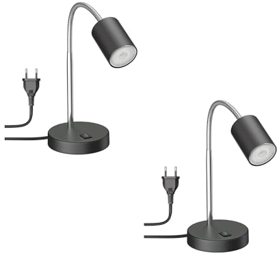 ledscom.de 2 Stück Tischleuchte WAIKA Schwanenhals Schalter schwarz matt + GU10 LED, PAR16, warmweiß, 6,05W, 374lm, 70°, 3-Stufen-Dimmer