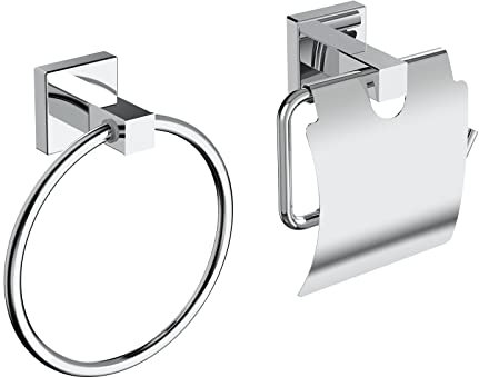 EMKE Handtuchhalter Sets Bad, 2 PCS Edelstahl Badzubehör Set Selbstklebend Wandmontage Badaccessoires-Set, Handtuchring und Toilettenpapierhalter mit Dekel Chrom