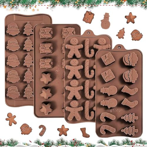 Weihnachten Schokoladenformen Silikon, 4 Stück Silikonform Weihnachten, Lebensmittelqualität Backformen mit Verschiedene Muster, Wiederverwendbare Silikonform für Süßigkeiten Gelee Pudding