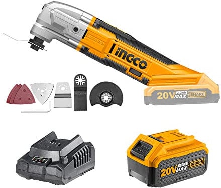 Multiherramienta Oscilante Inalámbrica sin Escobillas INGCO 20V 20000RPM Herramienta Multifunción de para cortar/aserrar/pulir/moler (4.0 Ah)