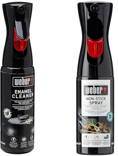 Weber 17684 Emaille-Reiniger, Reinigung lackierter Oberflächen, 300 ml, 25.0 x 6.0 x 9.0 cm & 17685 Antihaft Spray, Grillrost-Pflege, Non-Stick Spray, 200 ml, Schwarz, 25.0 x 6.0 x 9.0 cm