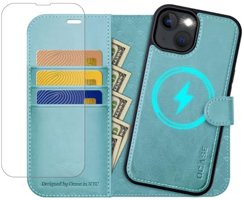 OCASE Hülle iPhone 14 [Abnehmbare magnetische Hülle] [Kabelloses Laden] [Displayschutz] [Kartenfach] Handyhülle RFID Schutzhülle Etui Klapphülle Kompatibel für iPhone 14 Blauer See