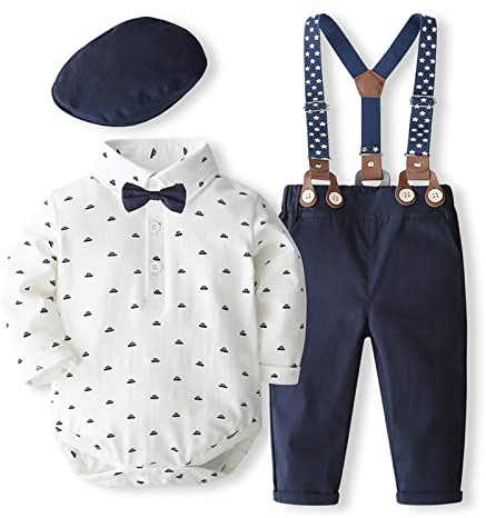 Volunboy Bebe Garçon Costume Gentleman, Noeud Papillon Chemise Carreaux + Pantalon 4 Pièces(3-6 mois,Bateau Blanc,Taille 59)