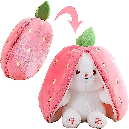 Verstecken Hasen Plüsch, Gefülltes Kaninchen mit Erdbeere, Osterhase Plüschier In Erdbeere, kleine Kaninchen Stoffpuppen, Ostern und Kindertag Geschenke für Jungen Mädchen (18cm)