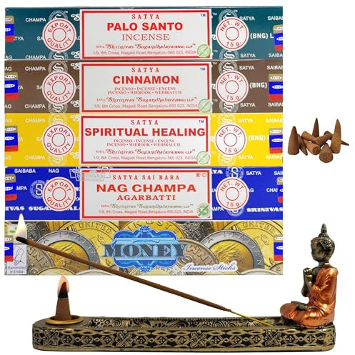 Encens Nag Champa (Pack de 72 bâtons + porte-encens) - Aromathérapie - Nettoyage énergétique de l'environnement Pack : Palo Santo (2) - Agarbatti (2) - Super Hit (2) - Boîte brûle-encens