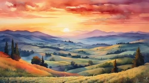 adrium Acryl-Bild 50 x 30 cm: Sonnenuntergang über den Hügeln der Toskana, Italien. Digitale Aquarellmalerei. (209719314)