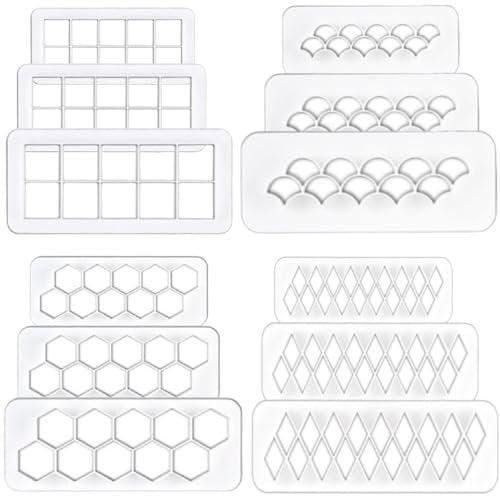 12 Pieces Cake Mold Cookie Fondant Cutters, Geometric Biscuit Cutters Embossing Square and Hexagon Fish Scale, for Birthday Cupcake Decorating Supplies