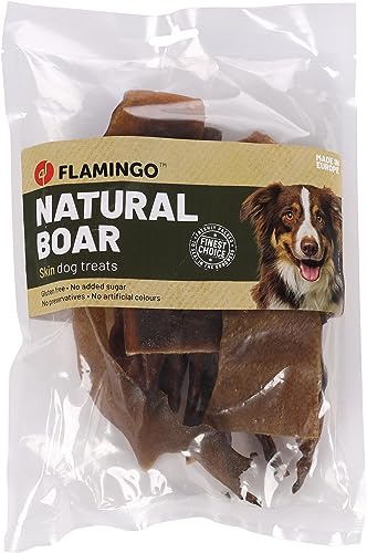 Flamingo Leckerli Hund – Natur Wildschweinhaut – 200g – glutenfrei – ohne Zuckerzusatz – kräftiger Kausnack