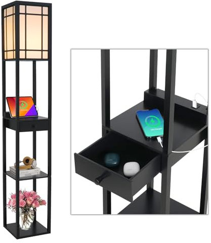 ARTETHYS Floor Lamp with Shelves for Living Room 3 Tier Storage Standing Lamp with USB Type C Port and 1 Drawer, Modern Reading Lamp for Bedroom Office Home