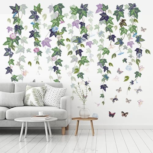 2 Stück Wandtattoo Hängende Rebe Wandaufkleber Blätter Grün Pflanzen Vögel auf Ast Wandsticker Wandtattoo Blätter Schlafzimmer Wohnzimmer Sofa Wanddeko (30 x 90cm)