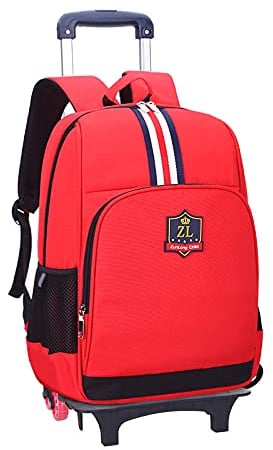 ATHUAH Trolley-Rucksack mit Rollen, Kinder-Rucksack-Trolley-Tasche, Kinder-Krawattentasche, Vorbereitungswasser-Handziehtasche-Rot_Flacher Winkel sechs Runden