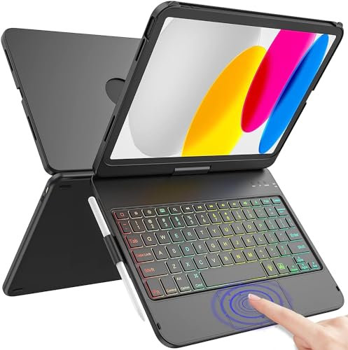 2022 Funda para iPad de 10.9 de 10.ªgeneración con Teclado,Cubierta Protectora giratoria de 360°con portalápices,10 Teclas retroiluminadas de Color y multitáctil para iPad 11 Inch A16 2025(Negro)