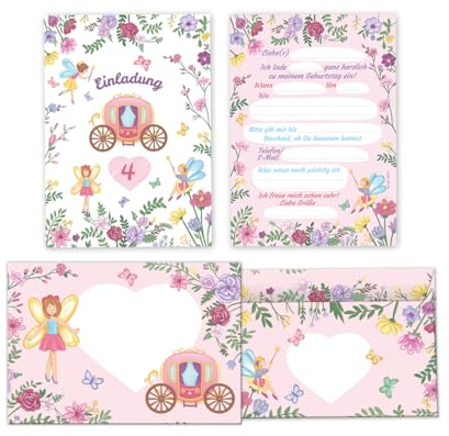 Minkocards 12 Einladungskarten incl. 12 Umschläge 4. Kindergeburtstag Feen Prinzessin Mädchen Einladung vierte Mädchengeburtstag Geburtstagseinladungen