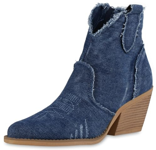 VAN HILL Damen Cowboy Boots Blockabsatz Denim Trendy Schuhe 214547 Dunkelblau 39