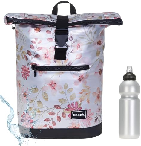 Sieber Rucksack Kurierrucksack Bench Hydro Plane Roll-Top backpack Laptoprucksack A4 wetterfest Damen Herren 64175 + Trinkflasche (Flower Silber Metallic 3521)