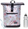 Sieber Rucksack Kurierrucksack Bench Hydro Plane Roll-Top backpack Laptoprucksack A4 wetterfest Damen Herren 64175 + Trinkflasche (Flower Silber Metallic 3521)