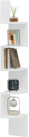 WOLTU Eckregal mit 5 Ablagen, Zickzack-Wandregal Ecke, Schweberegal Hängeregal, schwebendes Regal Weiß Wand, für Küche Wohnzimmer Schlafzimmer, CD DVD, Wanddeko, aus E1 MDF RG9313ws2