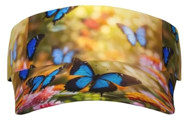 FWJZDSP Sport-Sonnenblendenhüte mit blauem Schmetterling und Blumen, verstellbare Baseballkappe mit leerem Oberteil, Baumwollballkappen für Damen und Herren