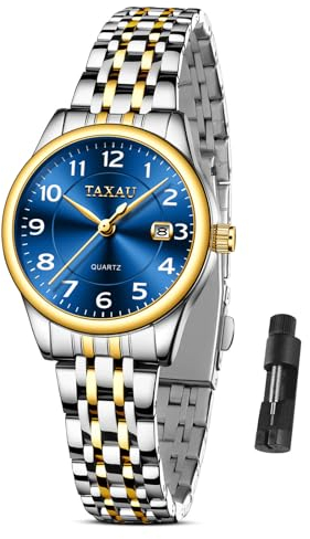 Taxau Armbanduhr Damen Einfach Klein Zifferblatt - Damenuhr mit Datum Wasserdicht - Klassisch Uhr Damen Quarzuhr Gold Silber Edelstahlband