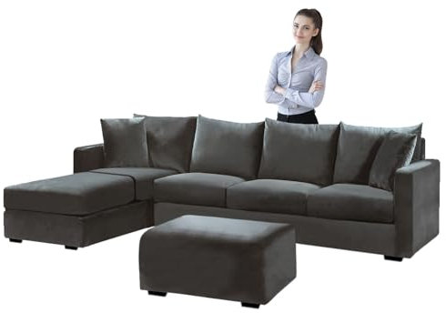 SYLC Samt Couch überzug L Form Sofabezug Ecksofa, Sofa Cover L Shape Stretch Mit Sitzkissen Rückenlehne, Universal Sofaüberwurf Waschbar (Dark Gray,Hocker Quadratisch-M)