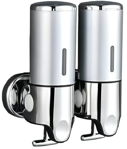 Wall Mounted Soap Dispenser Hand Wash Liquid Gel Shampoo Bathroom Kitchen Washroom Shower Container (Double Soap Dispenser Stainless Steel)
