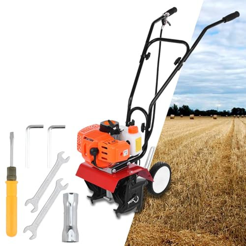 pofluany Gas Garden Tiller, Mini Cultivator, 52cc 2 Stroke 9000RPM 1.2L Fuel Tank, 6-inch Depth, 7.9-inch Width, 3HP/1.65kW, Black, Manganese Steel, Iron, Rubber, Plastic, Manual Operation