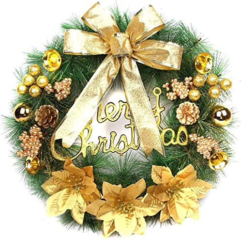 AYOROF Weihnachtskränze für Haustür, 40 cm Weihnachtstürkranz Winter Künstliche Weihnachtsgirlande Dekoration mit Bogen Blumen Ball für Innen-Weihnachtsdekoration im Freien (Gold)