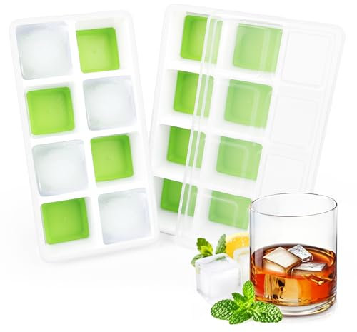 2 Pack Grands Bacs à Glaçons, RISVOWO Moule à Glaçons Silicone avec Couvercle, Ice Cube Tray Empilable, Glçons Carrés, Glacon Moule Reutilisable pour Whisky, Cocktail, Glaces, Boissons(Vert)