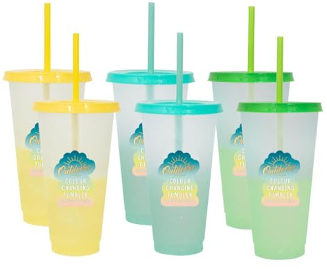 YöL Pack of 6 Colour Changing Glitter Tumblers 750ml Lid Straw Summer Picnic Reusable Cup Outdoor Kids Iced Coffee
