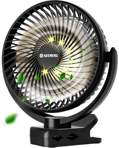 Ateroll 10000mAh Clip-On Ventilator mit Fernbedienung,3 Geschwindigkeiten USB Ventilator Akku mit Timer&LED-Lichtern,360° drehbarer batteriebetriebener Tischventilator für Zuhause,Büro und Camping