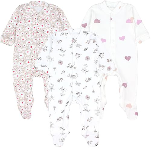 TupTam Baby Mädchen Schlafstrampler mit Fuß 3er Pack, Farbe: Blätter Blumen Herzchen, Größe: 68