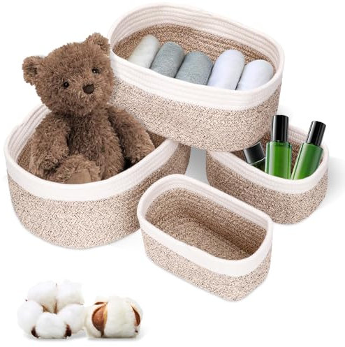 BBWELL Juego de 4 Cestas Organizador de cuerda de algodón – Cestas Almacenaje,Cajas de Almacenaje,organizador baño apilables para baño, habitación infantil,cambiador,juguetes,cosméticos y decoración