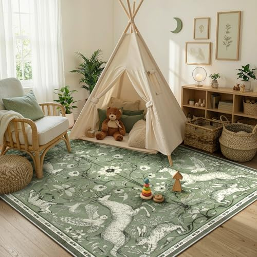 Lahome Waschbarer Teppich für Wohnzimmer, Wald, Hirsch, Boho-Tierteppich, Vintage, botanisch, grün, rutschfest, niedriger Flor, großer Teppich für Schlafzimmer, Esszimmer, Kinderzimmer