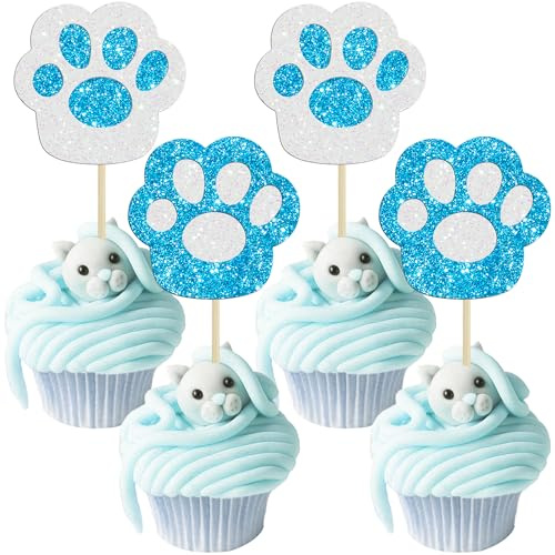 Ephlyn Cupcake-Topper mit Pfotenmotiv, glitzernd, für Welpen, Hunde, Cupcake-Dekorationen für Babyparty, Kinder, Jungen, Mädchen, Geburtstag, Party, Kuchendekorationen, Zubehör, Blau, 24 Stück
