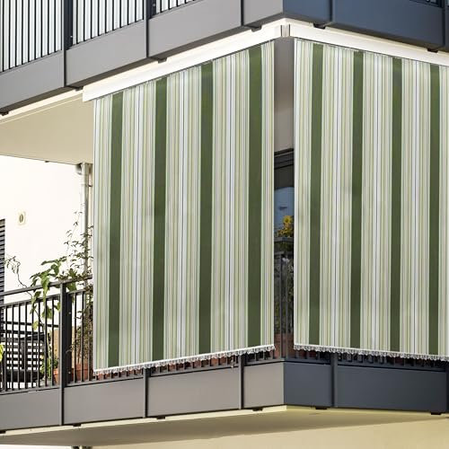 Rideau de soleil à rayures de qualité supérieure pour balcon, terrasse ou véranda – Housse de pare-soleil d'ombrage d'extérieur avec anneaux et crochets – Tissu de haute qualité, résistant aux rayons