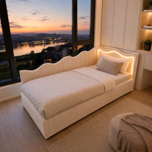 Polsterbett Schlafsofa 90x200 mit LED, Polsterbett Tagesbett Einzelbett, Jugendbett 90x200 mit Hydraulischer Stauraum, Gästebett, Jugendliche Erwachsene, Ohne Matratze, Beige