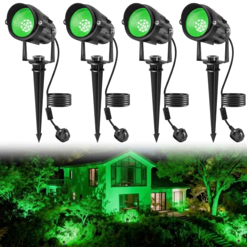 NATPOW Gartenstrahler, netzbetrieben, grüner Landschaftsstrahler mit 1,5 m Kabel, Pfahllichter, wasserdicht, für den Innenbereich, für Baumhaus (4 Stück)