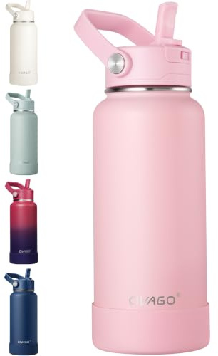 CIVAGO Insulated Stainless Steel Water Bottle with Detachable Straw, 950ml Metal Sports Drink Bottle with Bucket Handle, Leakproof Large Flask with Silicone Boot for Gym, Dishwasher Safe, Pink