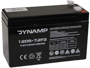 Dynamp 12V AGM VRLA Battery, 7.2Ah, Maintenance-Free, for UPS, Security and Emergency Lighting Systems, Model 12DS-7.2 - F2 6.3mm Faston Tab Terminals