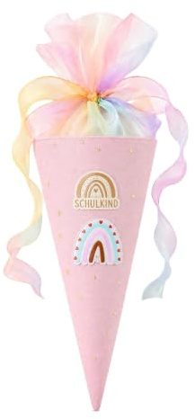 OUQIWEN Geschwister Schultüte Mädchen,Kleine Rosa Zuckertüte aus Stoff mit Regenbogen-Schleife, Bastelset für die Einschulung, Länge 28 cm, Ø 19 cm (Rosa)