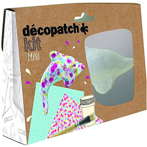 Décopatch KIT016O - Un mini-kit comprenant un animal en papier pulpé blanc, 2 feuilles Décopatch, un pinceau et un pot de vernis colle, Dauphin