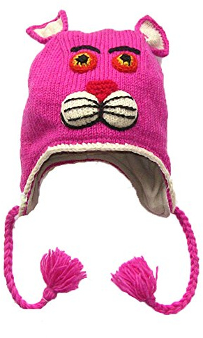Bonnet en laine du Népal La Panthère rose, tricoté main, avec doublure polaire