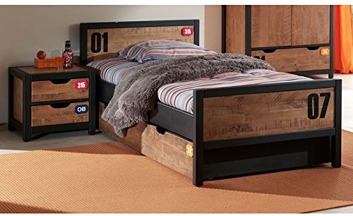 Lomadox Jugendzimmer Schlafzimmer Set massiv cognacfarbig, schwarz, Einzelbett 90x200cm mit Bettschublade und Nachtschrank