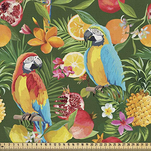 ABAKUHAUS Tropisch Gewebe als Meterware, Papageien und Granatapfel, Schön Gewebten Stoff für Polster und Wohnaccessoires, 1M (148x100cm), Grün Blau