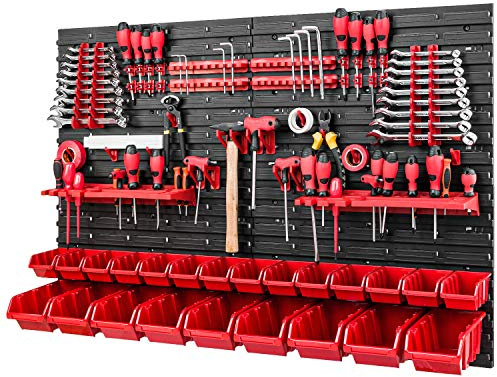 Werkzeugwand Stapelboxen - 1152 x 780 mm - Lagersystem SET Werkzeughaltern und 23 Rot Boxen - Wandregal Werkstattregal Lochwand Schüttenregal Sichtlagerkästen