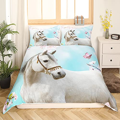 Weißes Pferd Drucken Bettbezug Set Wild Tier Themed Betten Set Schmetterling Blumendruck Bettwäsche Set 155x220cm für Kinder Jungen Mädchen Mikrofaser Natur Themed Raumdekoration