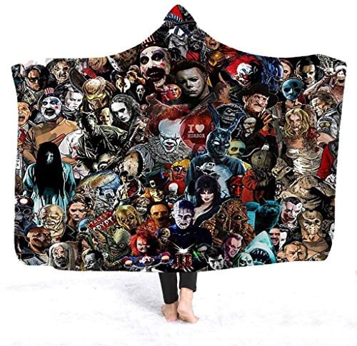 ESTYLE Hooded Blanket, Blanket Horror Mysterious Character Hooded Blanket for Adult Gothic Sherpa Artificial Fleece Wearable Throw Blanket Microfiber Bedding (A, 59x51inch)